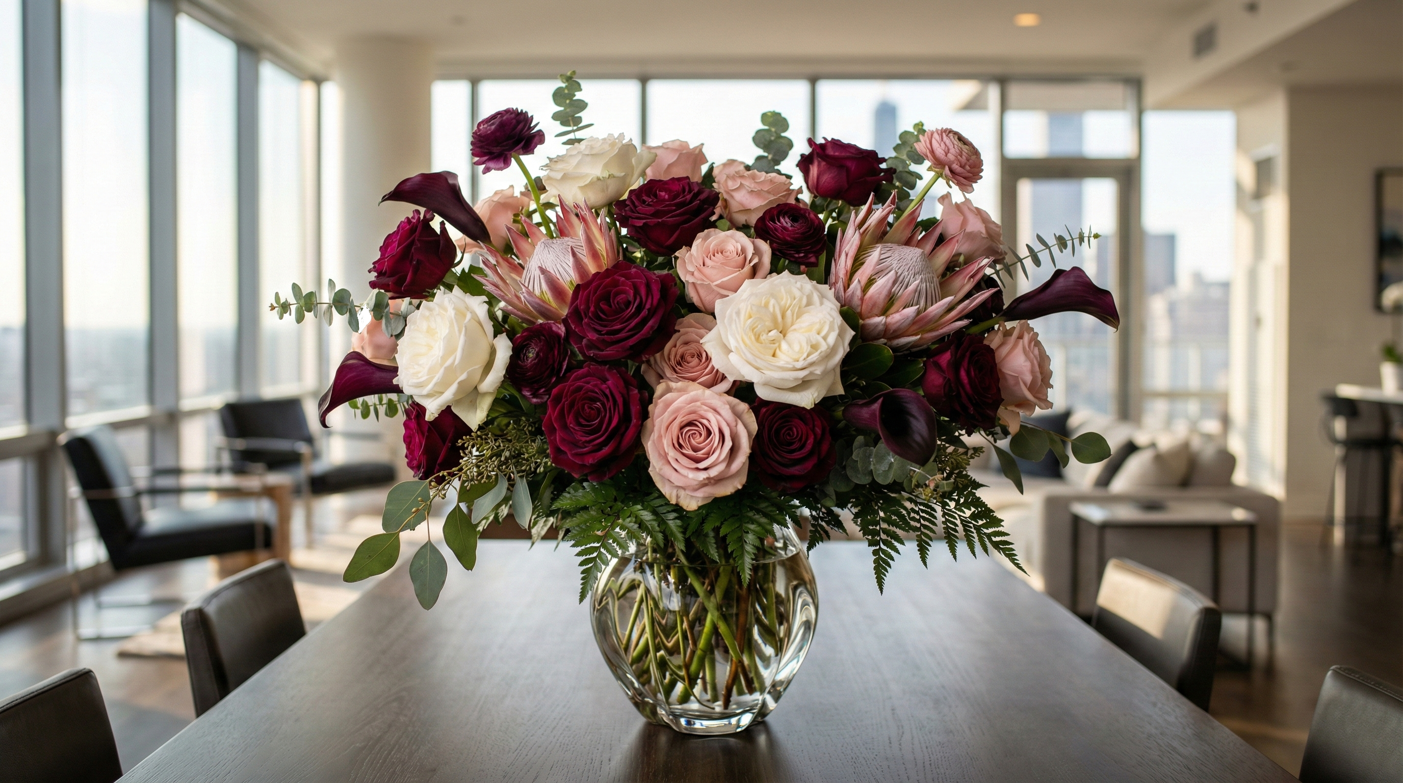 Luxury signature bouquet with burgundy and blush Ecuadorian roses overlooking the Chicago skyline