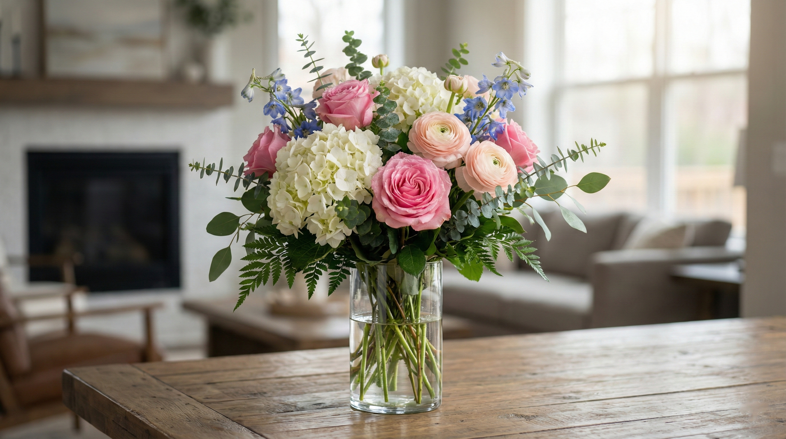 Mixed flower arrangement with pink roses and white hydrangeas on a wooden table in a Chicago home