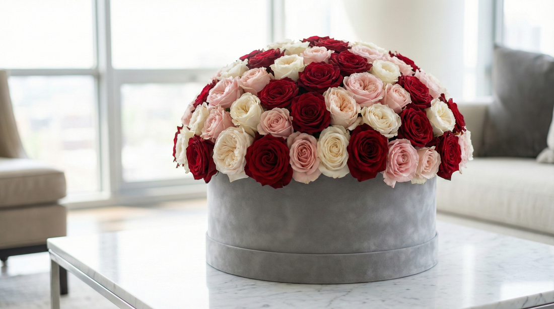Luxury flower box Chicago: Grey velvet hat box filled with premium red and blush Ecuadorian roses on a marble table