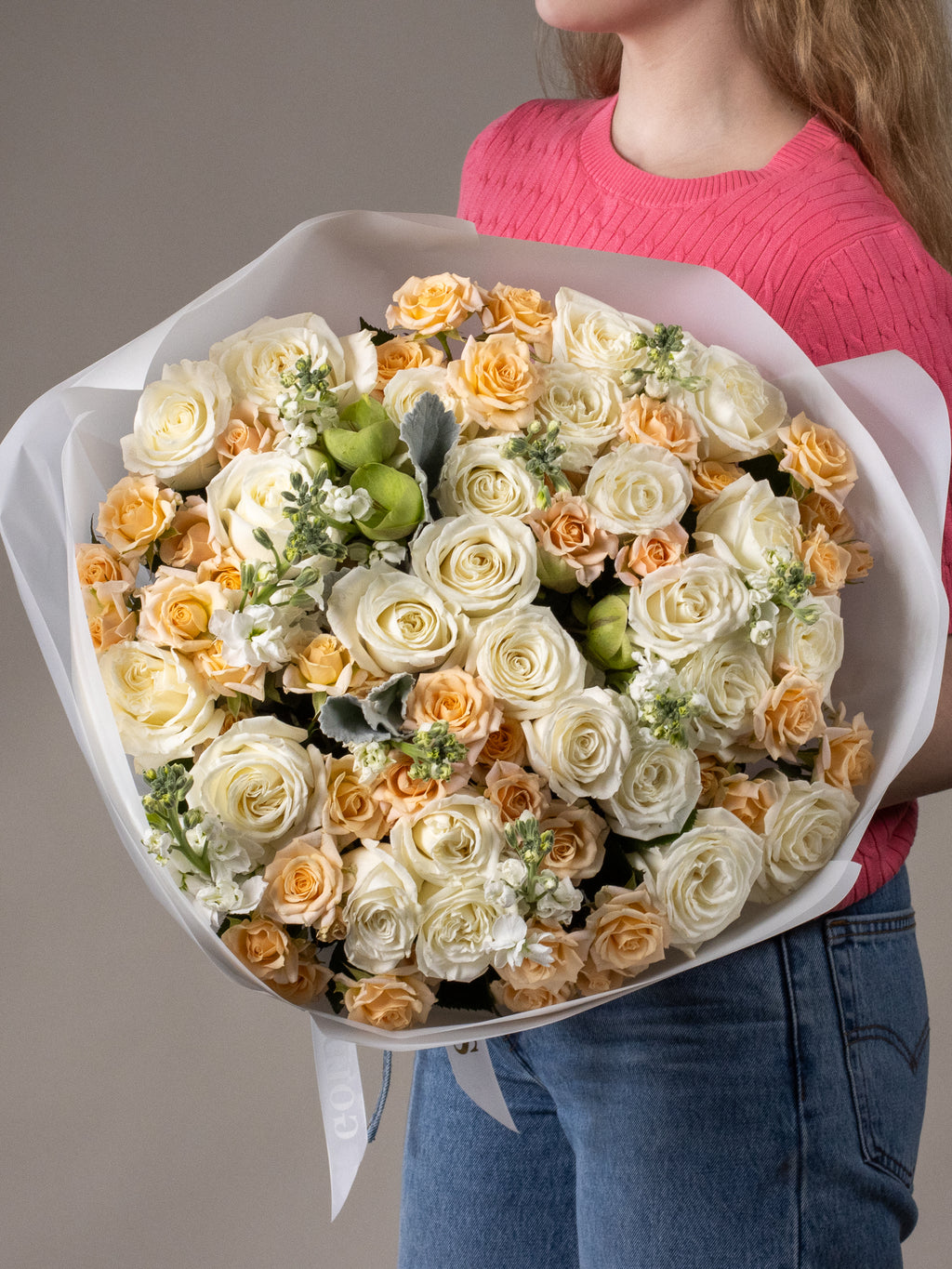 Voluminous White Roses & Matthiola Bouquet