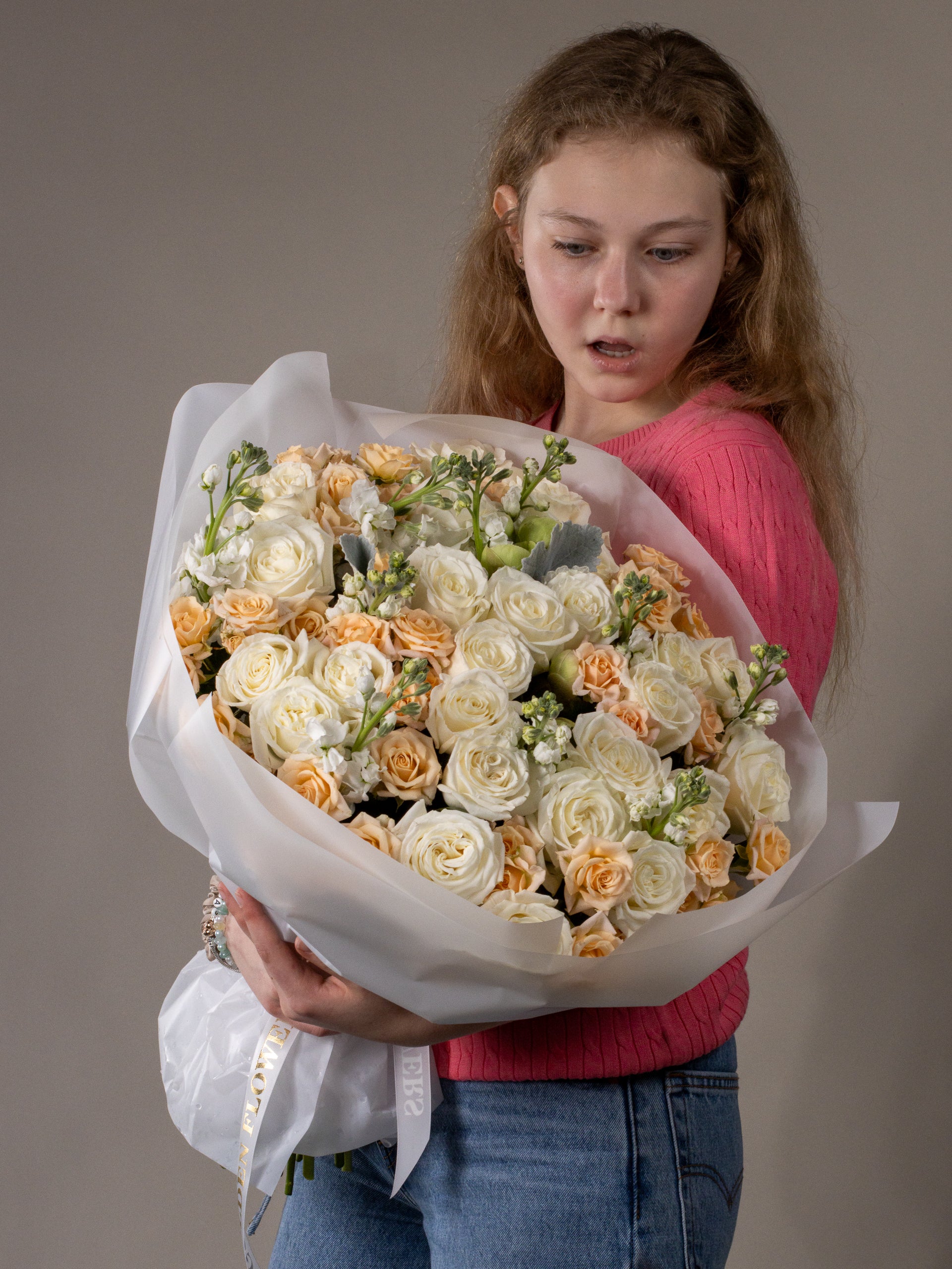 Voluminous White Roses & Matthiola Bouquet